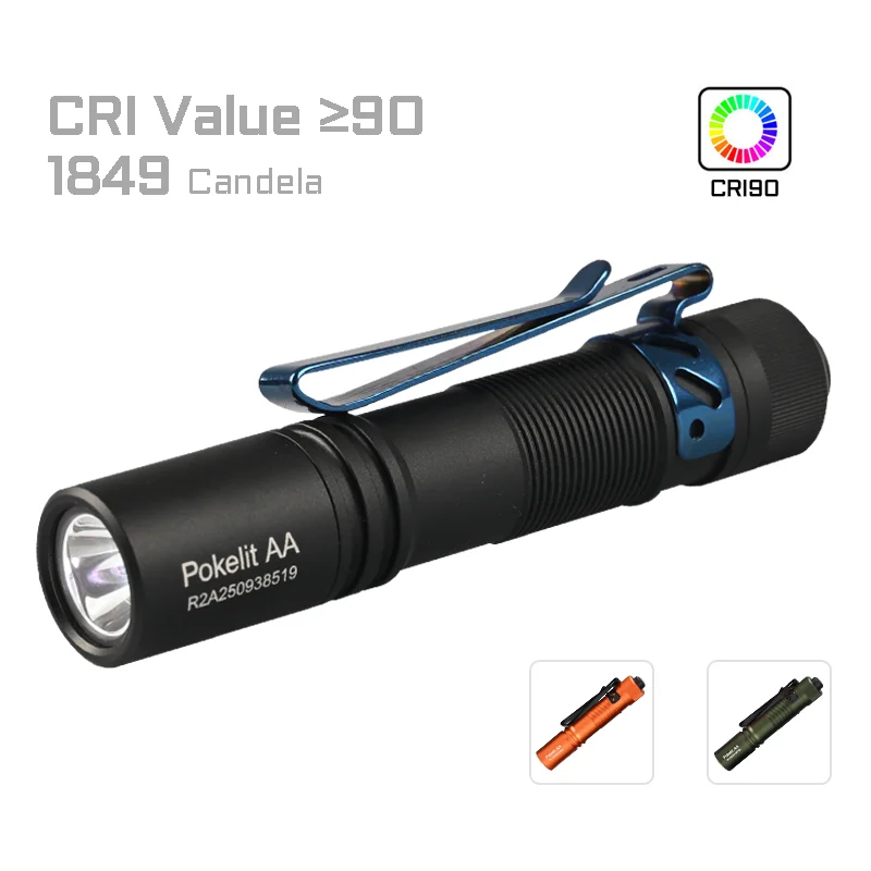 Standard Pokelit AA with Nichia 219F (5000K, CRI90+), 550 lumens, USB-C rechargeable 14500 included. 86m throw, IP68 waterproof, 2-way clip.